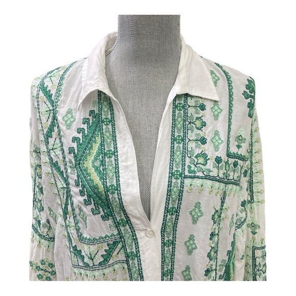 Zara White Green Embroidered Tunic Collared Shirt Dress Boho Cover Up size XL - Picture 10 of 15